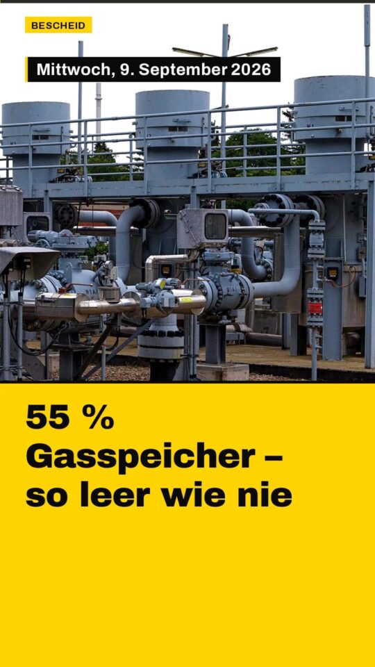 Erstes Bild der Ausgabe: 55 % Gasspeicher – so leer wie nie